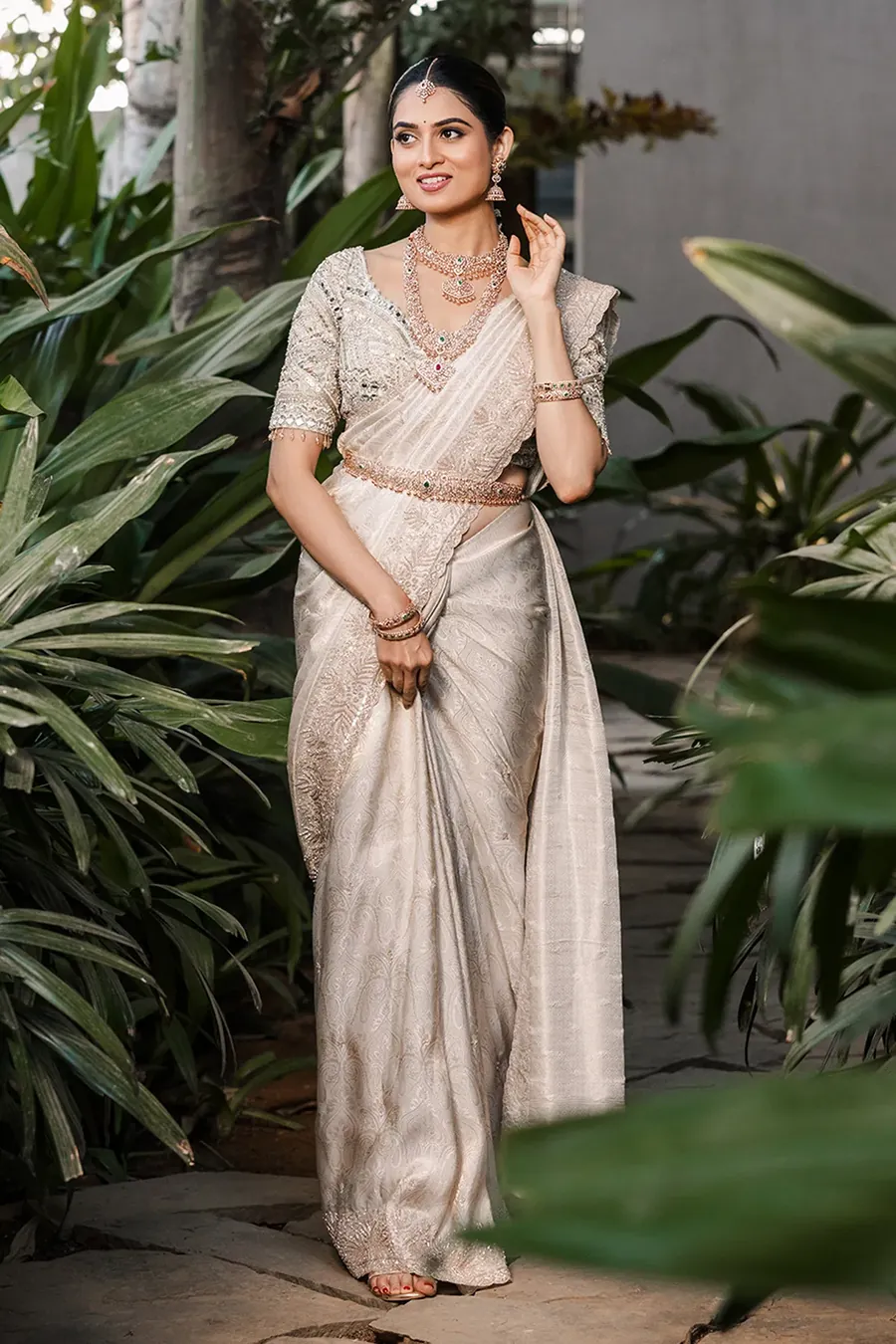 Cream zari brocade saree