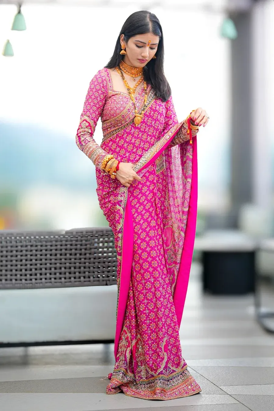 Rani pink bandhej silk saree